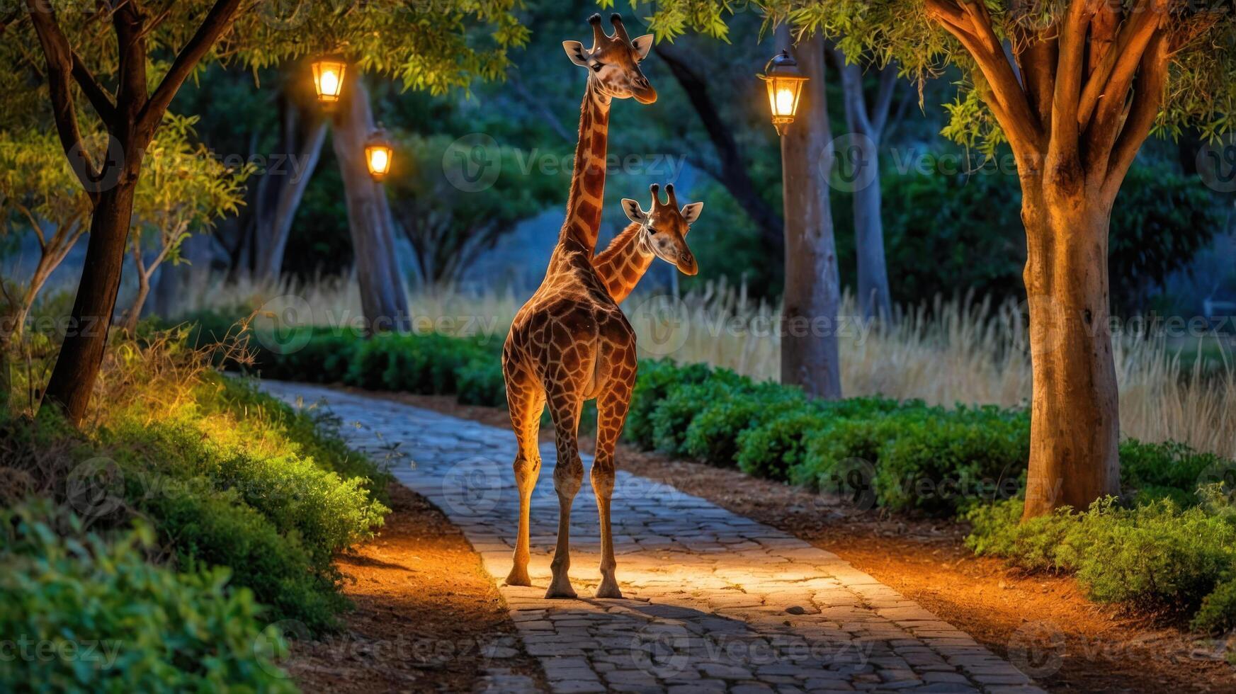 Two giraffes walking along a lit pathway surrounded by trees at night. photo