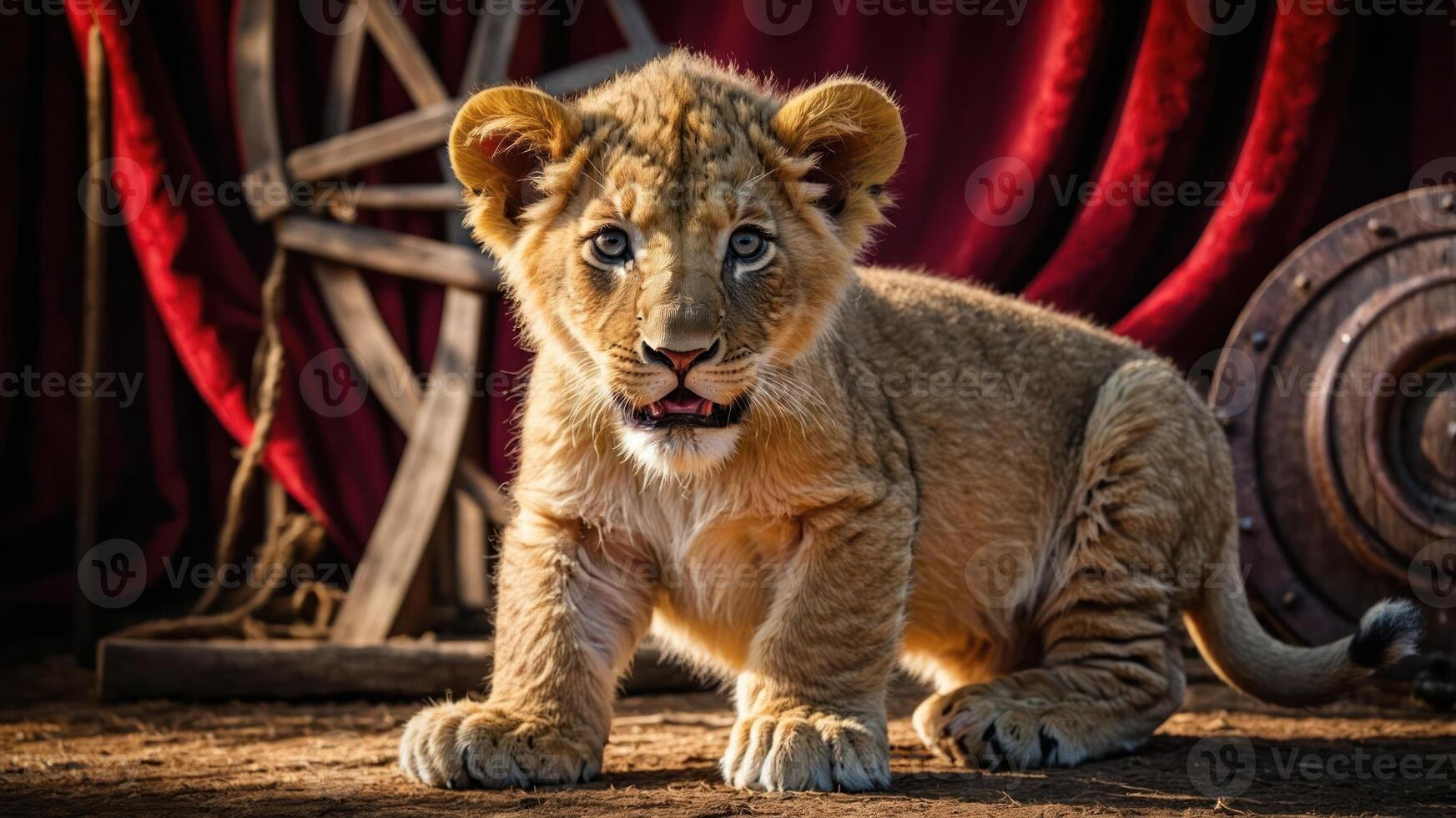 A playful lion cub poses in a vibrant setting with props. photo