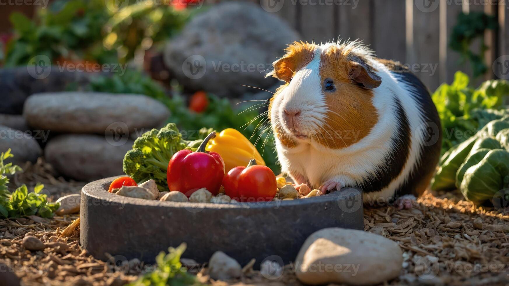 A guinea pig enjoying fresh vegetables in a natural garden setting. photo