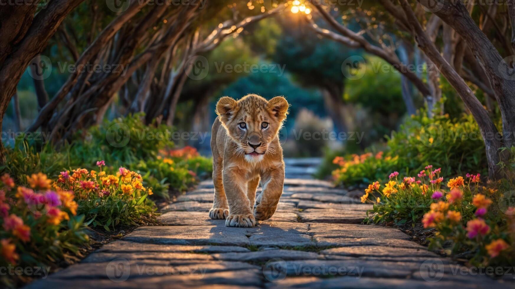 A playful lion cub walks along a flower-lined path in a serene garden setting. photo