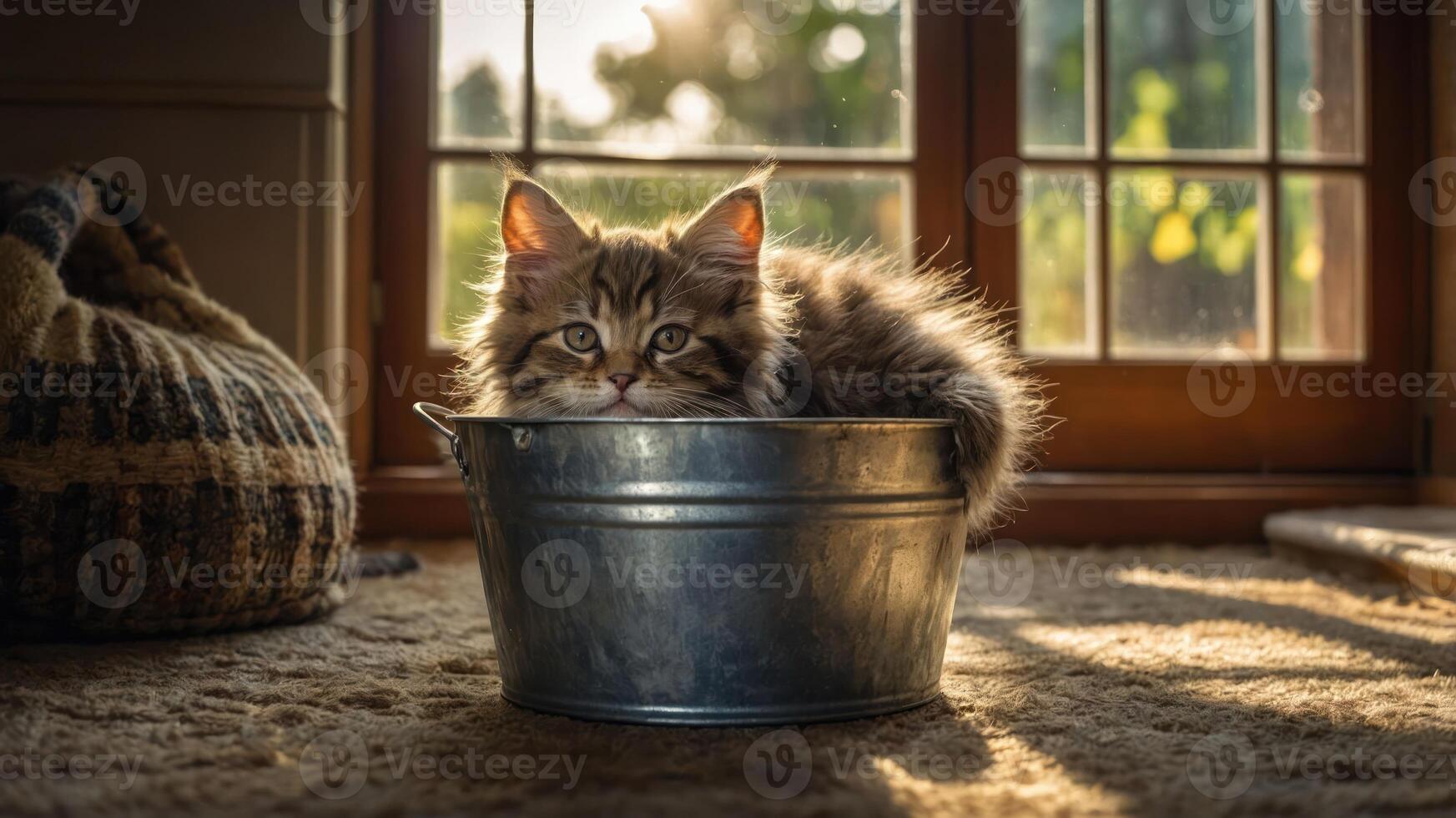 A fluffy cat resting in a metal bucket, illuminated by warm sunlight through a window. photo