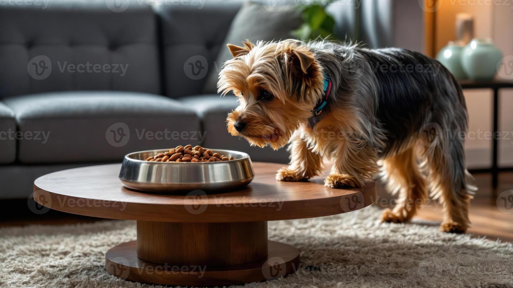 A small dog curiously approaches its food bowl on a stylish coffee table in a cozy living room. photo
