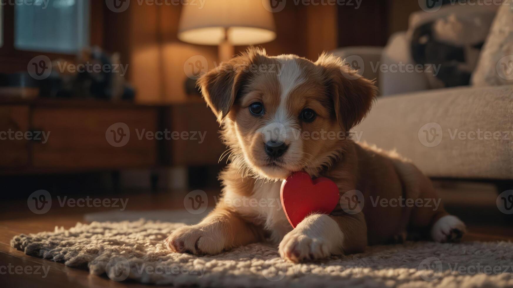 A playful puppy with a heart-shaped tag relaxing on a cozy rug in warm lighting. photo