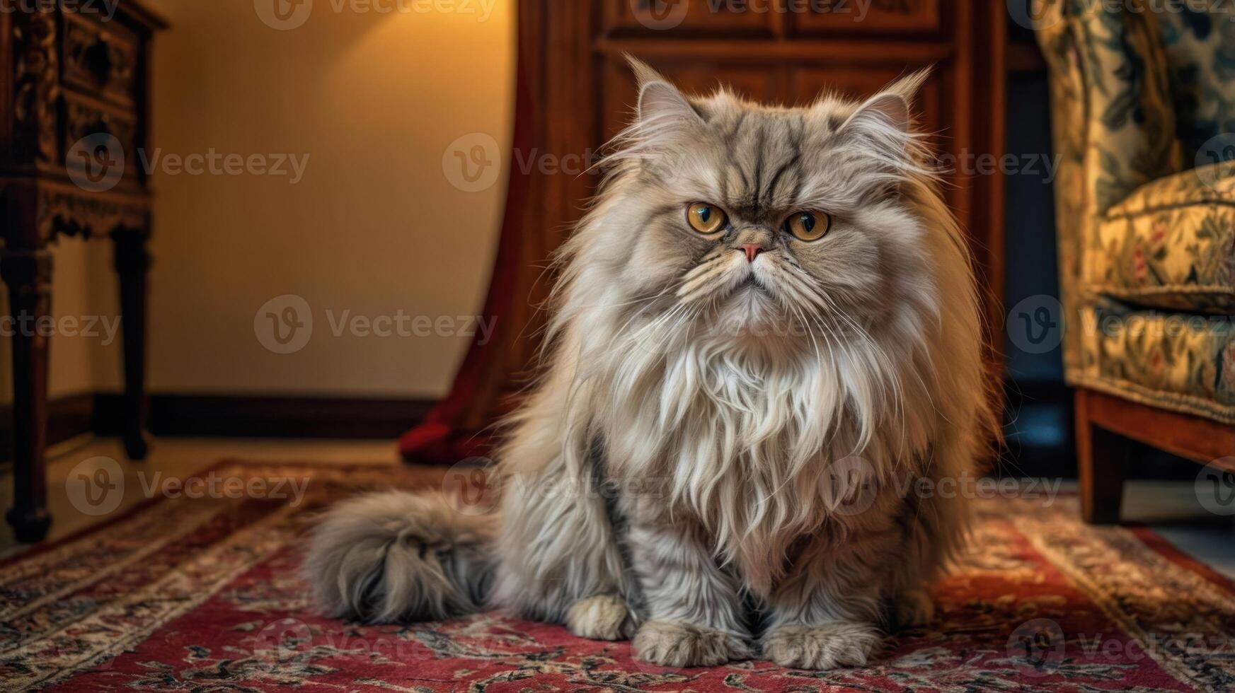 A fluffy Persian cat sitting on a rug in a cozy room. photo