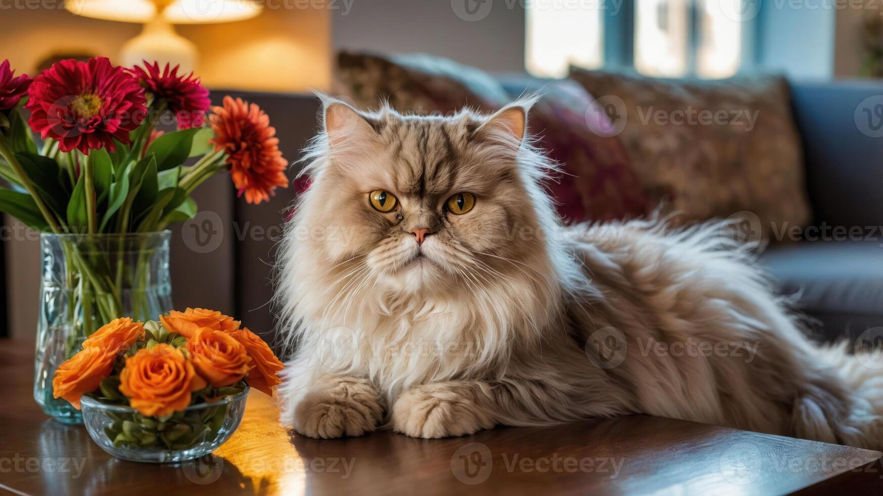 A fluffy Persian cat rests beside a vibrant bouquet of flowers on a wooden table. photo
