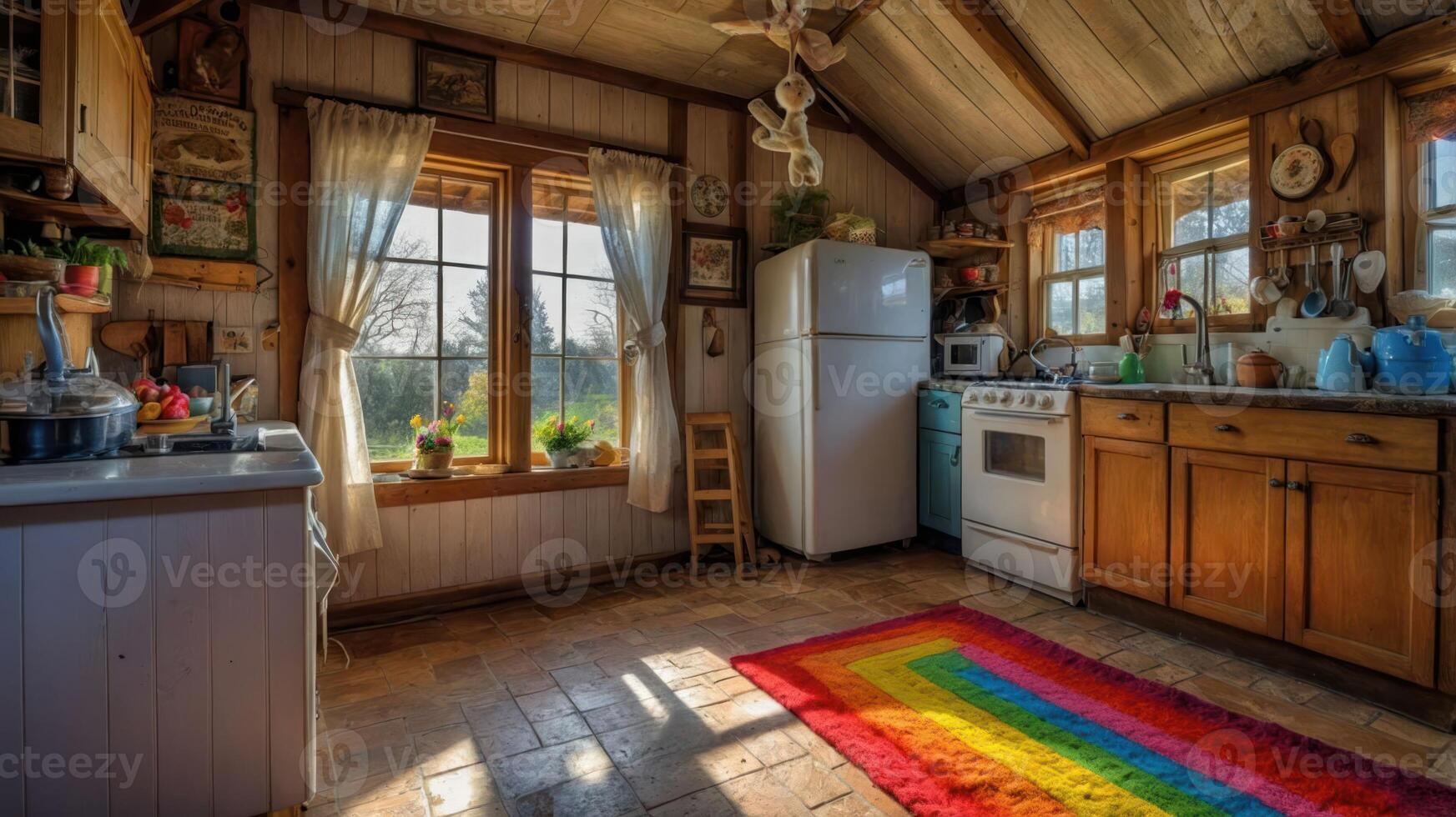 Cozy kitchen with natural light and a colorful rug. photo