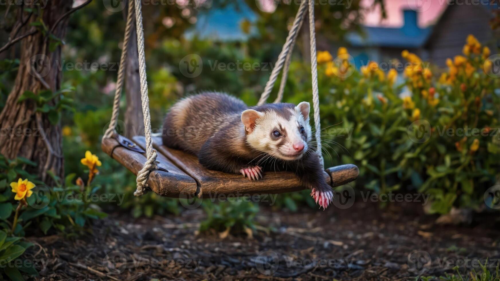 A playful ferret lounging on a wooden swing surrounded by vibrant flowers. photo