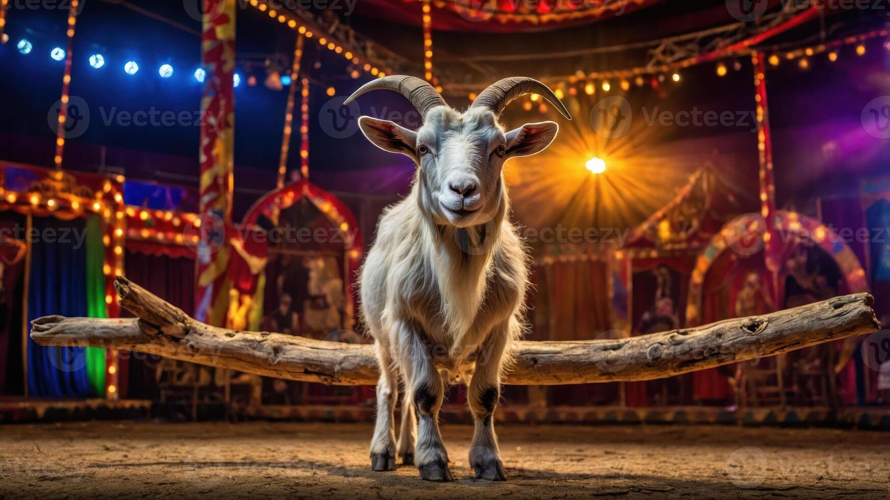 A goat balancing on a log in a colorful circus setting, highlighting animal performance. photo