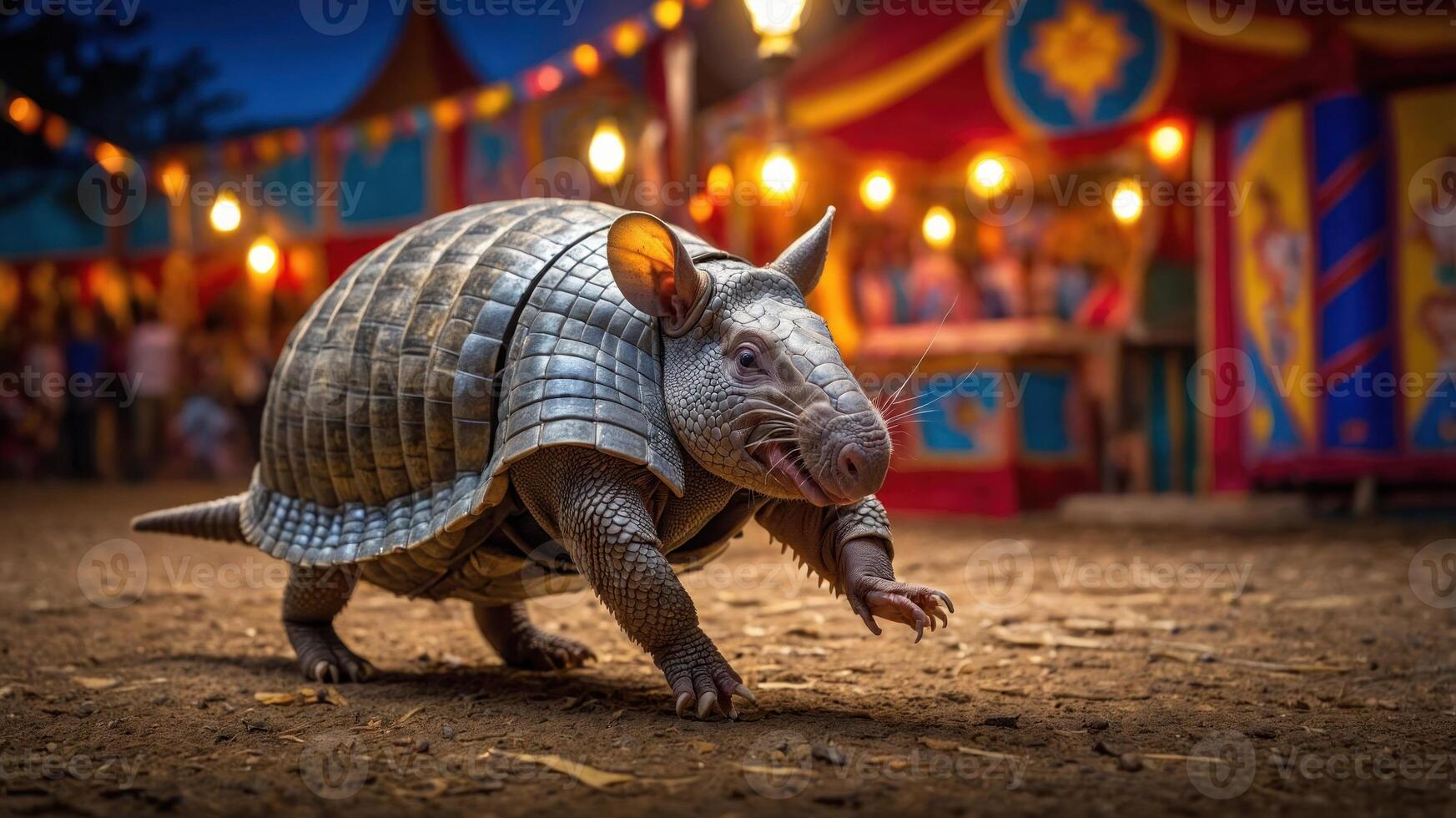 A whimsical armored animal walking in a vibrant carnival setting. photo