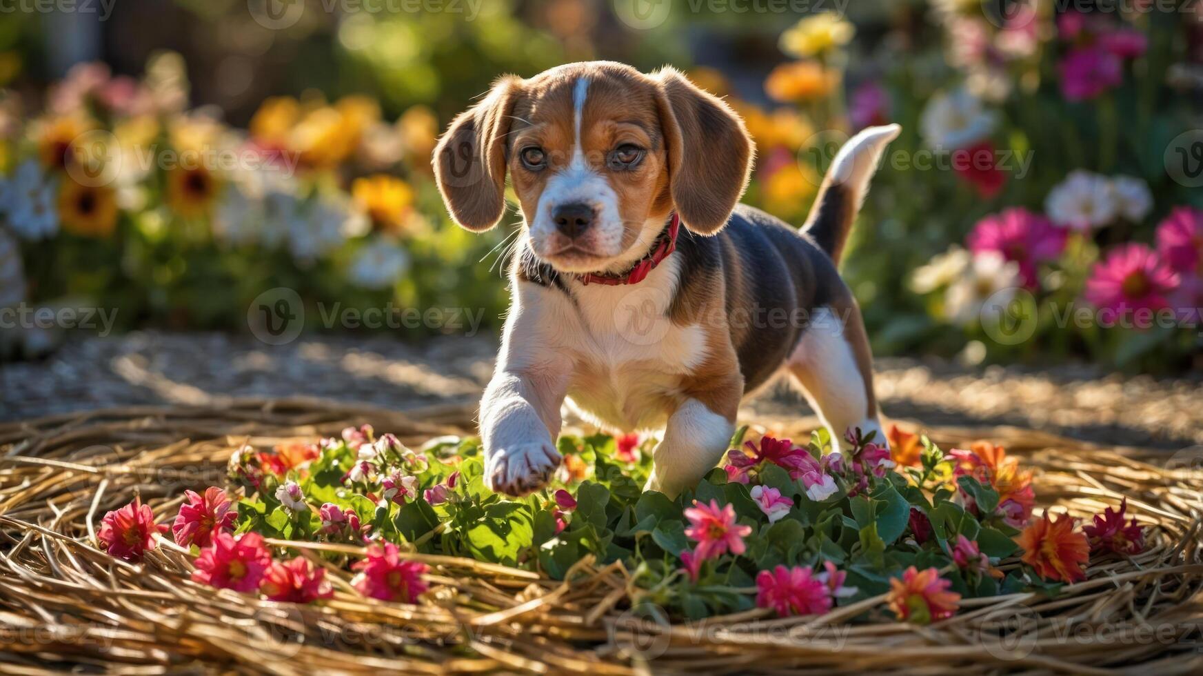 A playful beagle puppy exploring a colorful flower garden. photo