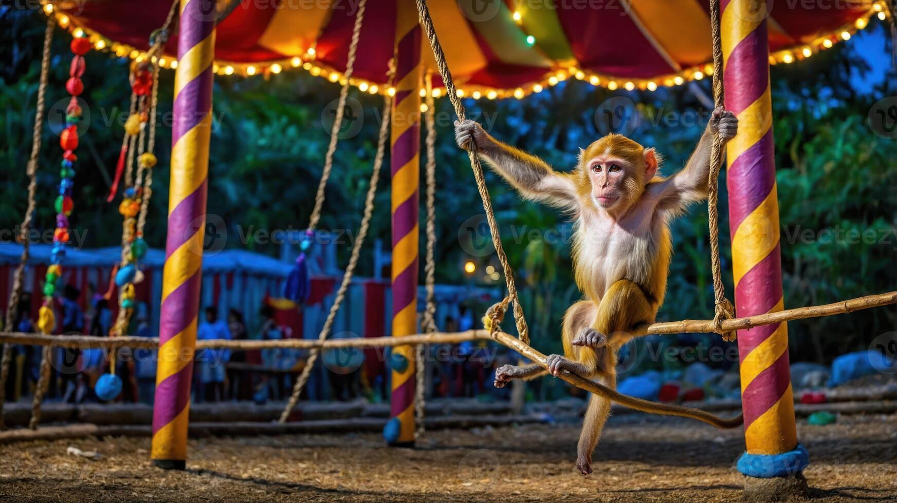 A monkey performs on a swing in a colorful circus setting, illuminated by lights. photo