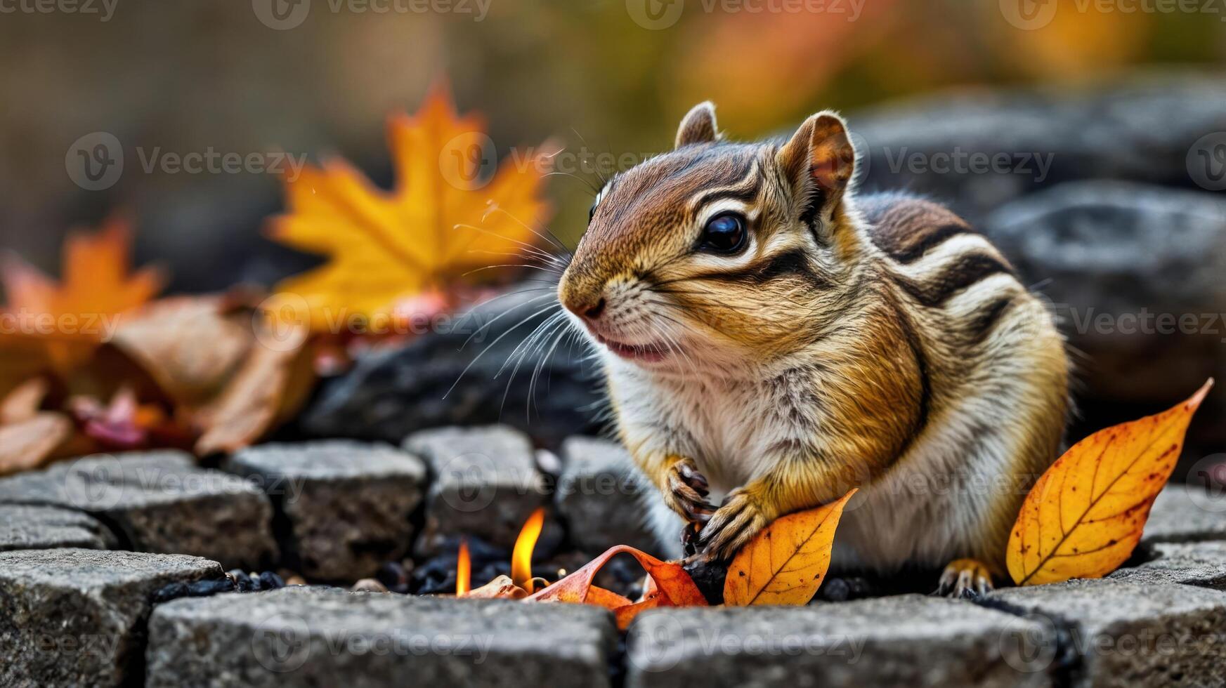 A chipmunk sits among autumn leaves, capturing a serene moment in nature. photo