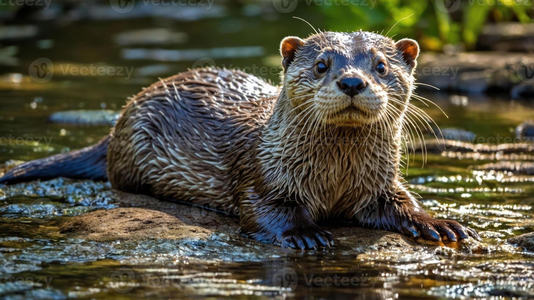 A playful otter resting on a rock in a serene stream. photo