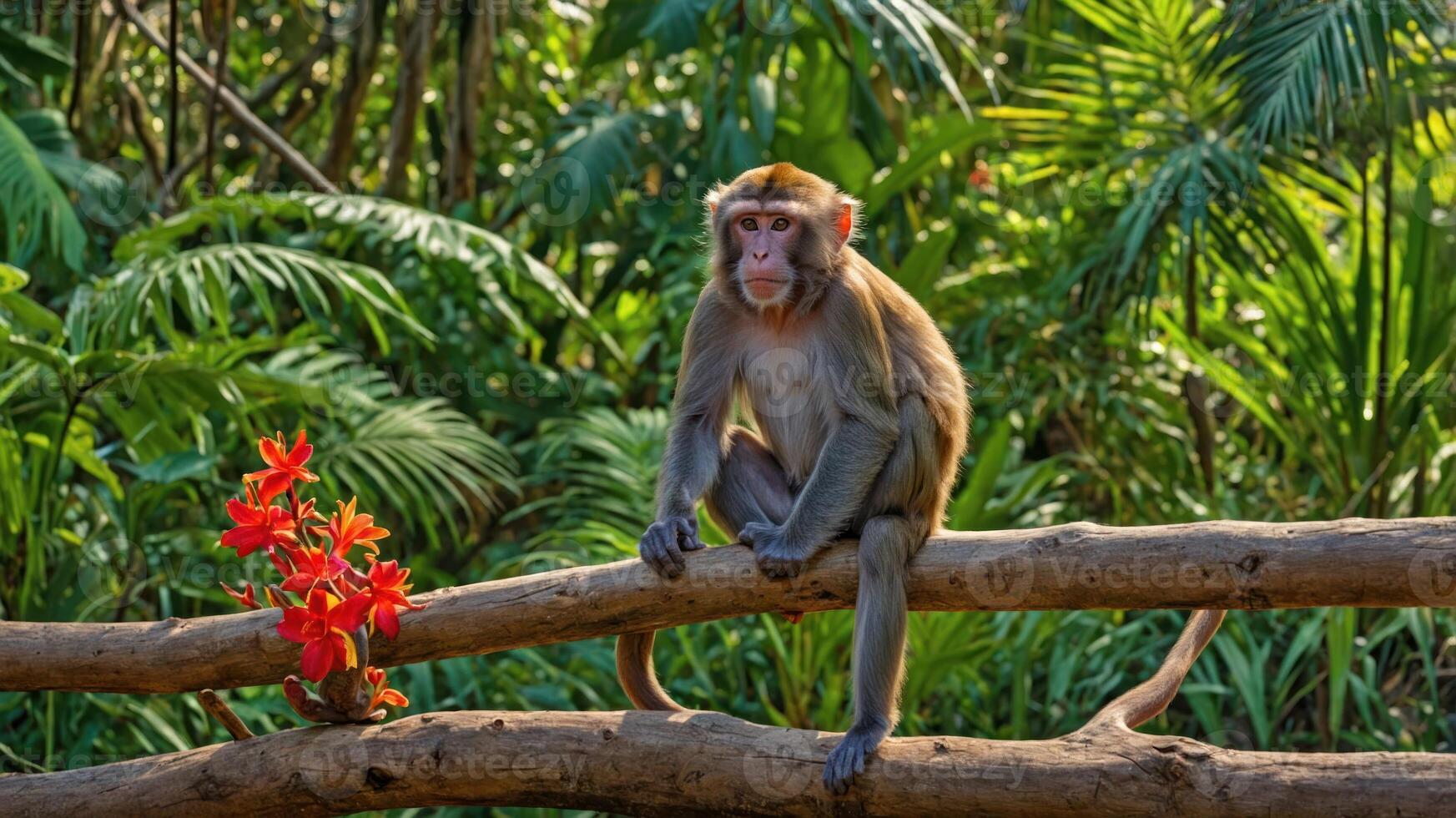A monkey sitting on a branch amidst lush greenery and vibrant flowers. photo