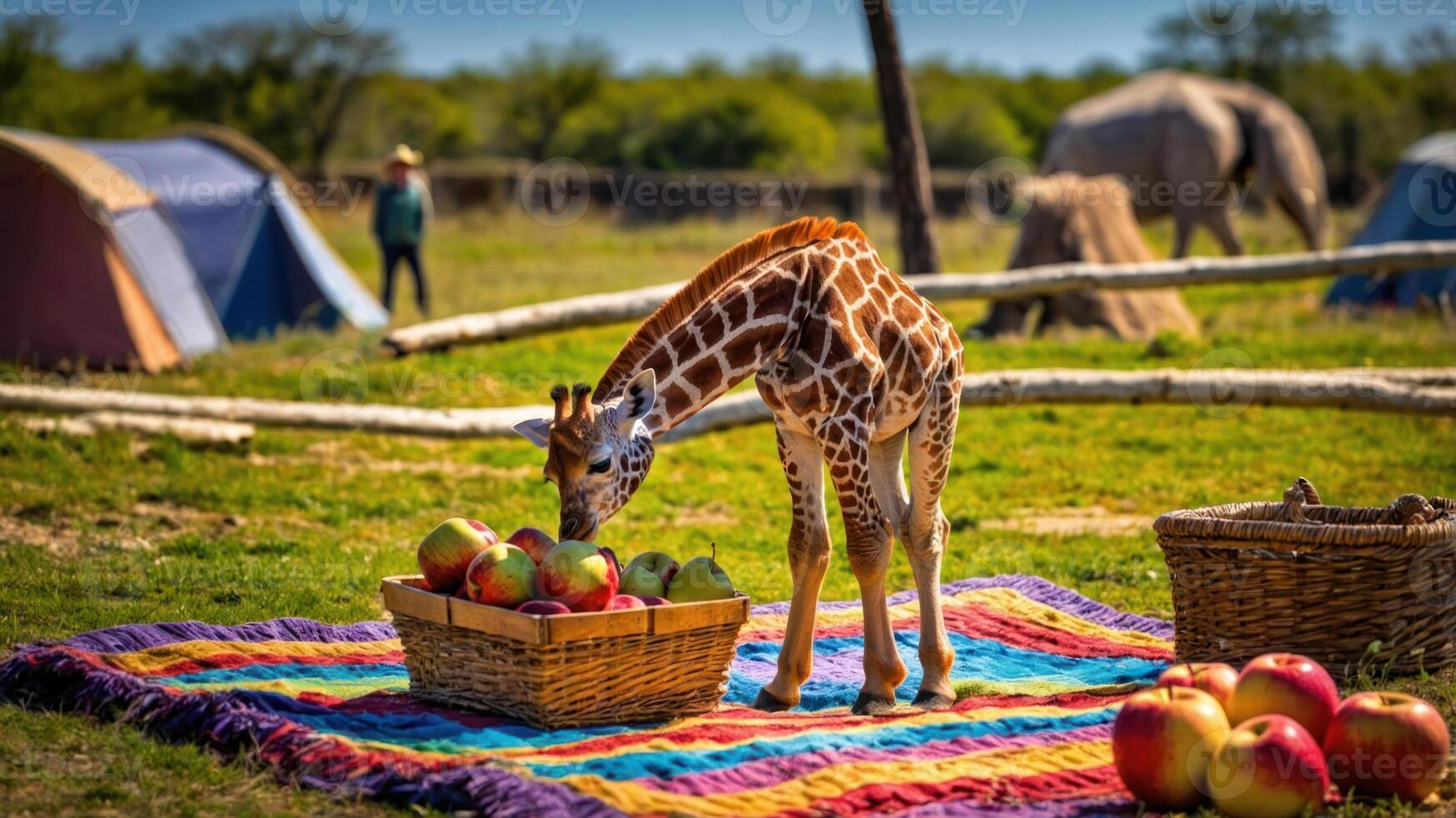 A young giraffe feeding on apples near tents and an elephant in a vibrant outdoor setting. photo