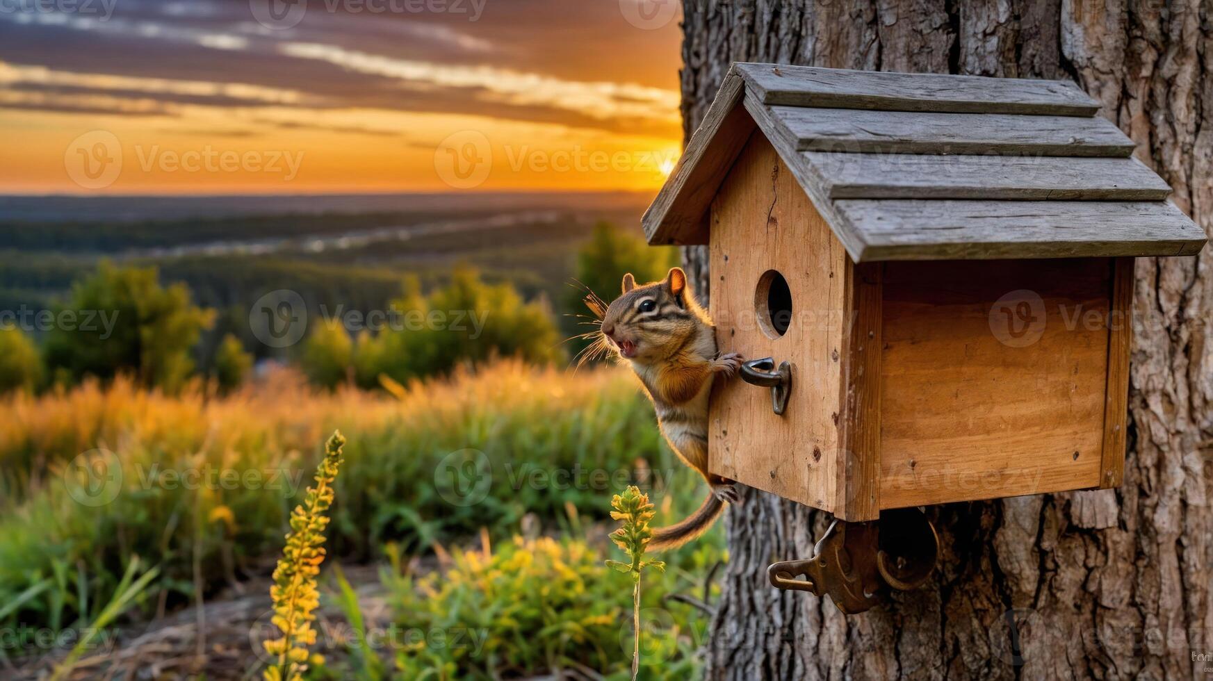 A chipmunk peeks out of a birdhouse at sunset, surrounded by a vibrant landscape. photo