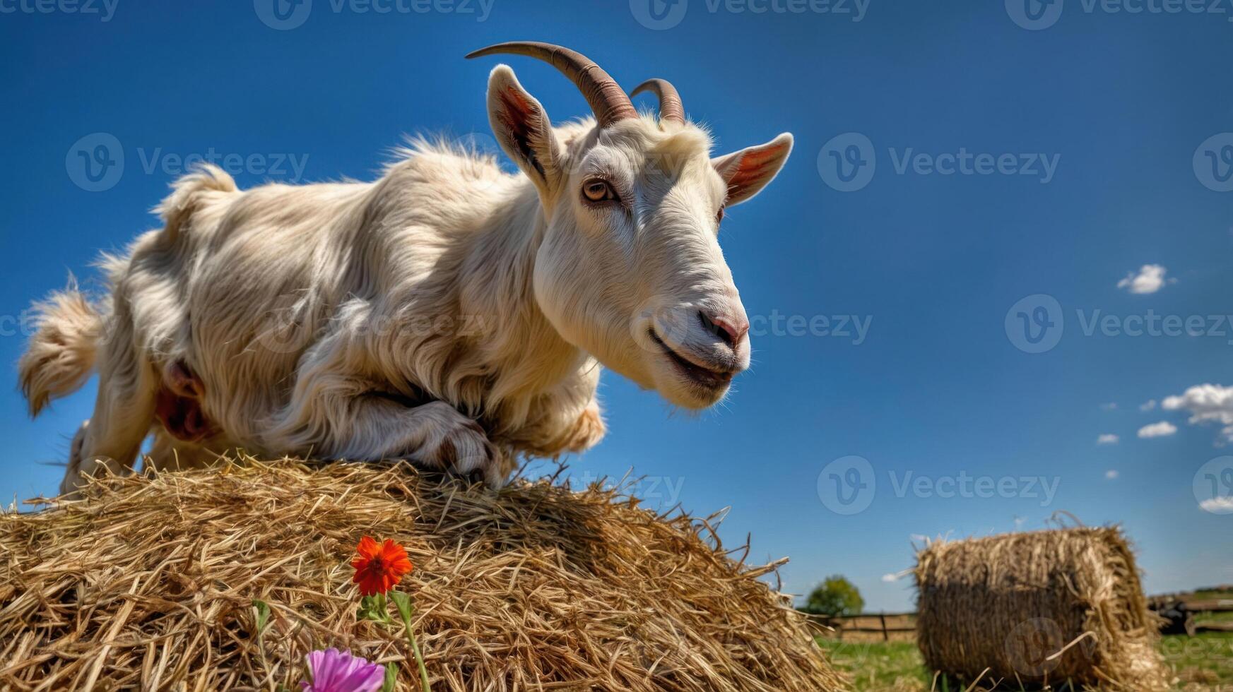 A playful goat perched on a haystack, surrounded by a sunny landscape and flowers. photo
