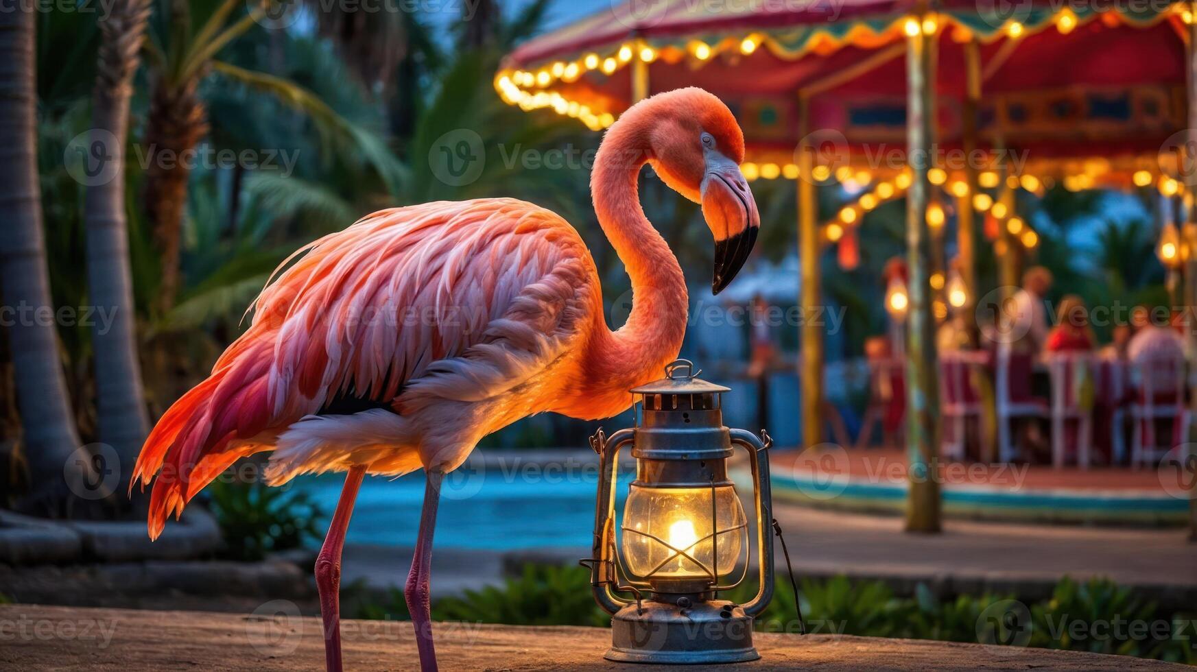 A pink flamingo stands beside a lantern in a vibrant, outdoor setting with people dining. photo