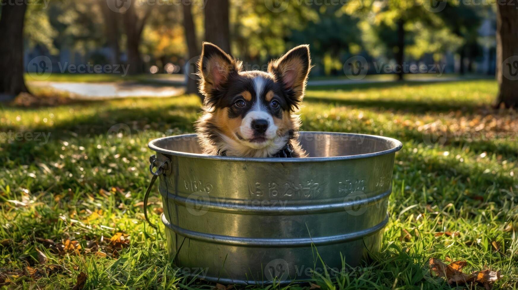 A corgi sits in a metal bucket surrounded by lush greenery in a park. photo