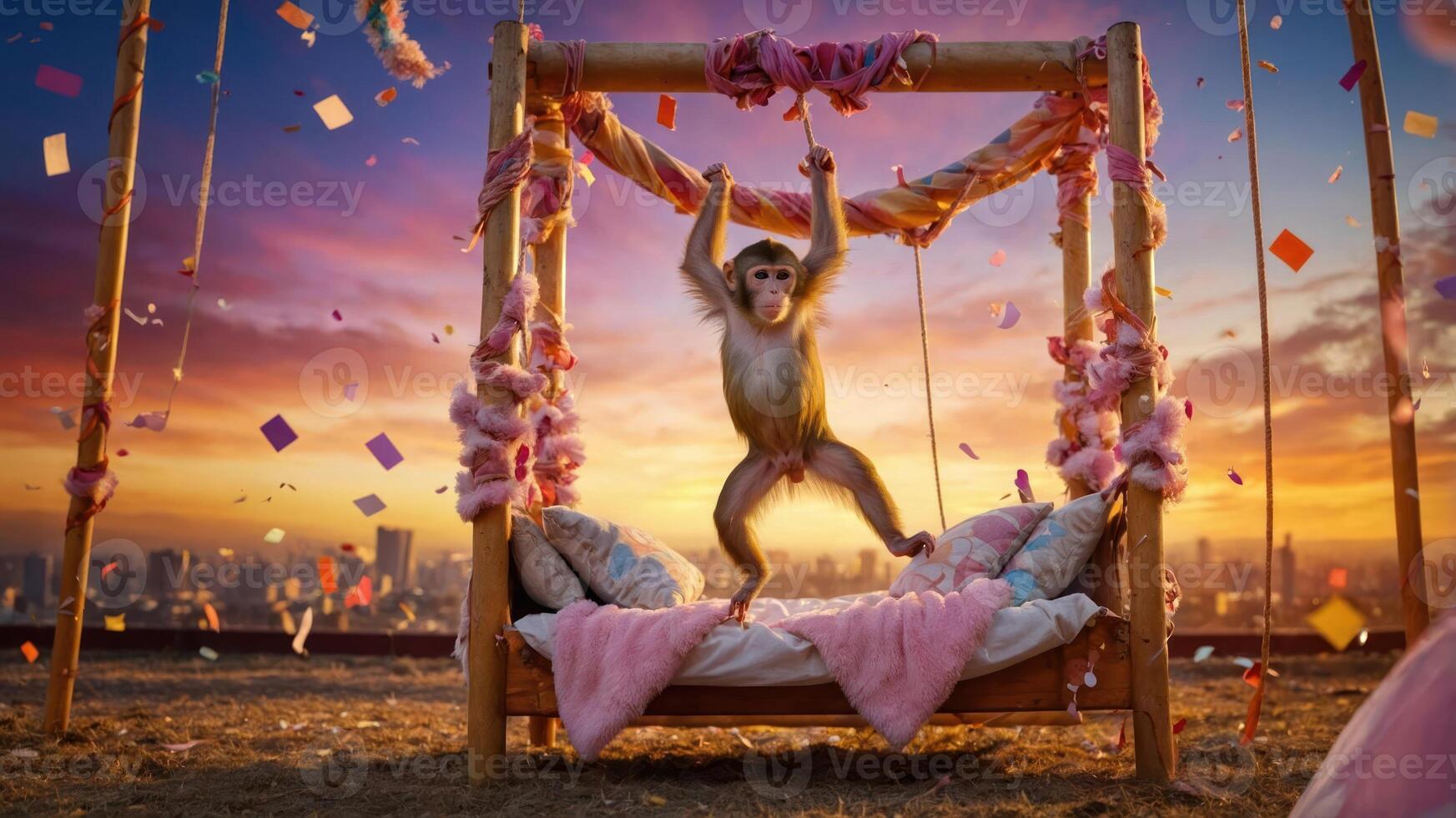 A playful monkey dances on a decorated bed at sunset, creating a whimsical atmosphere. photo