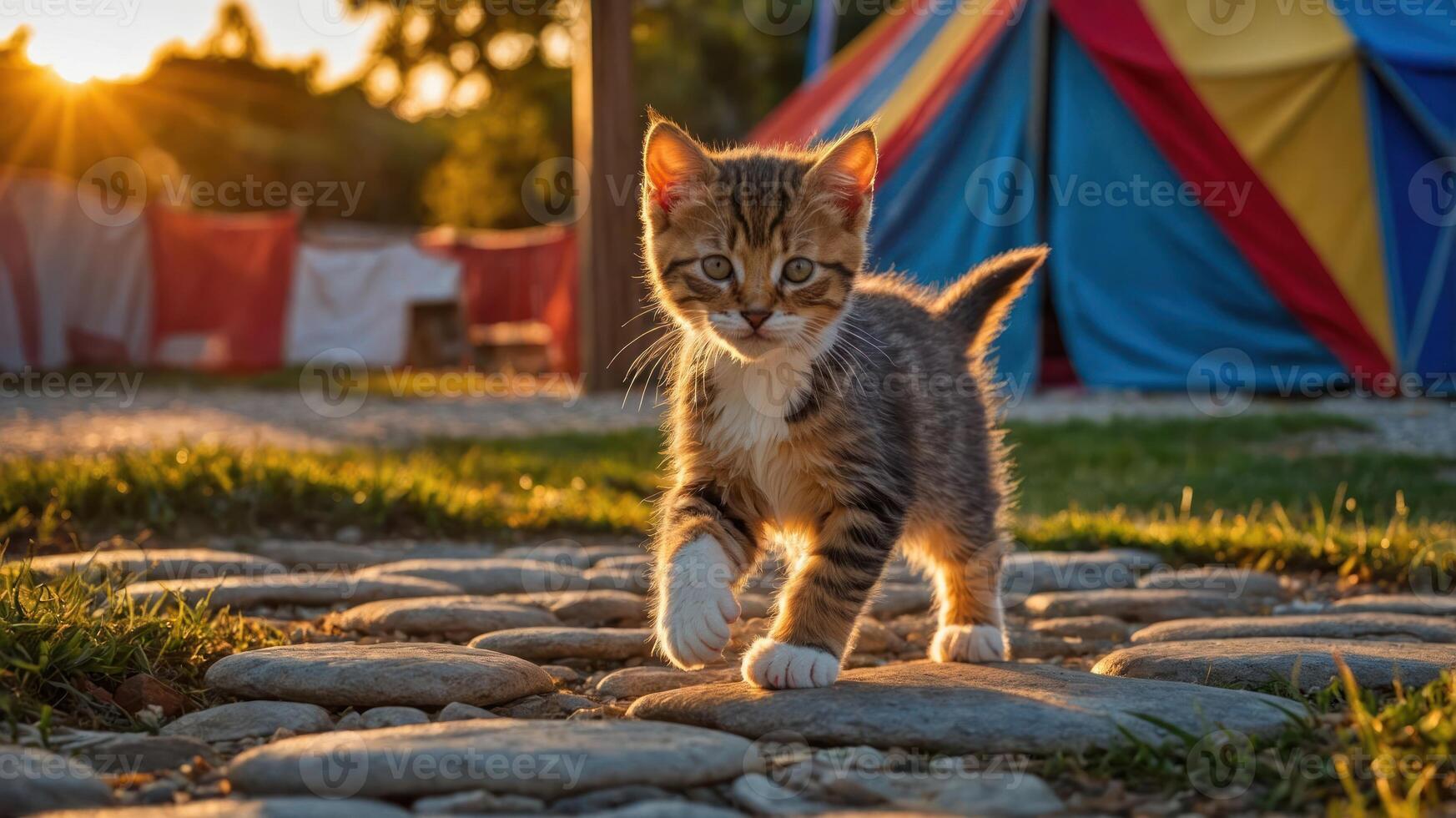 A playful kitten walks along a stone path with a colorful tent in the background at sunset. photo