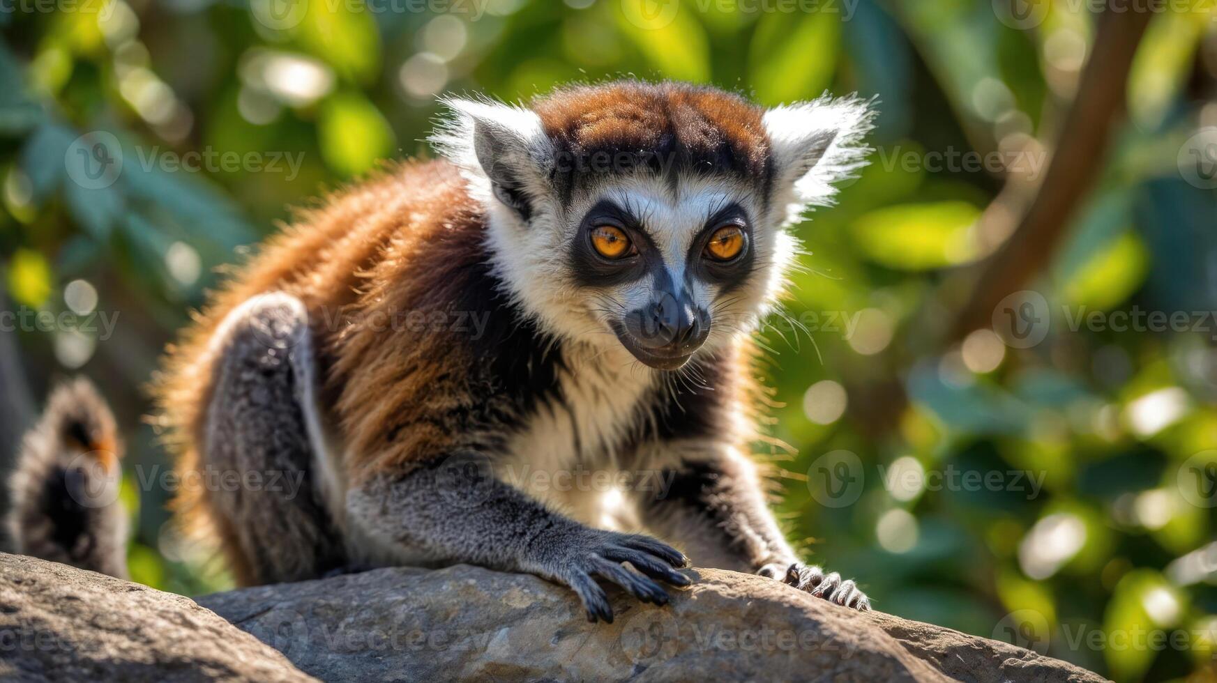 A close-up of a lemur perched on a rock, surrounded by lush greenery. photo
