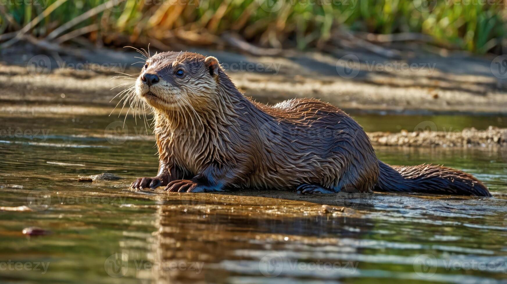 A close-up of an otter resting on the riverbank, showcasing its sleek fur and playful demeanor. photo