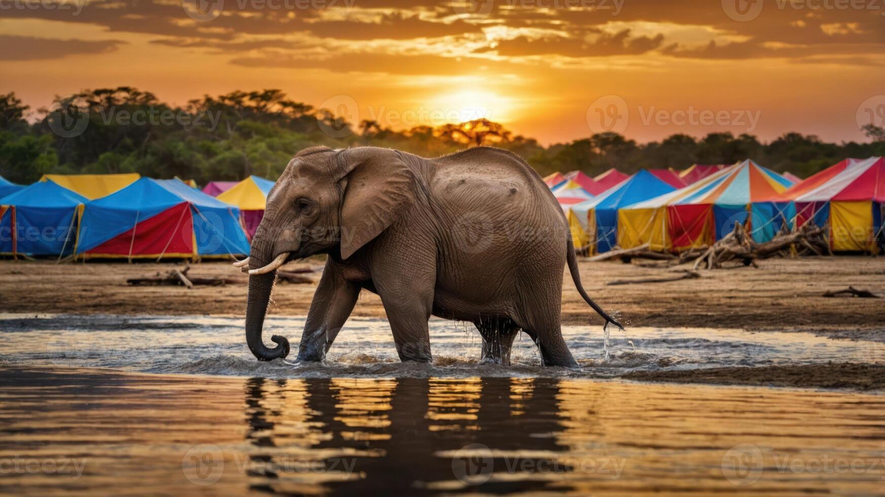 An elephant wades through water at sunset, surrounded by colorful tents in the background. photo
