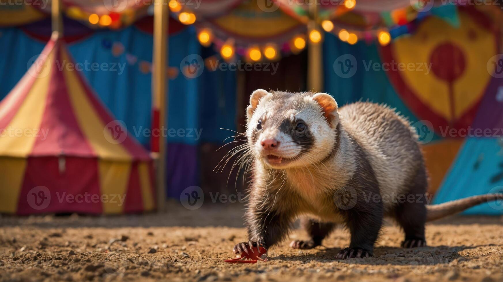 A ferret exploring a colorful circus setting with tents and festive lights in the background. photo