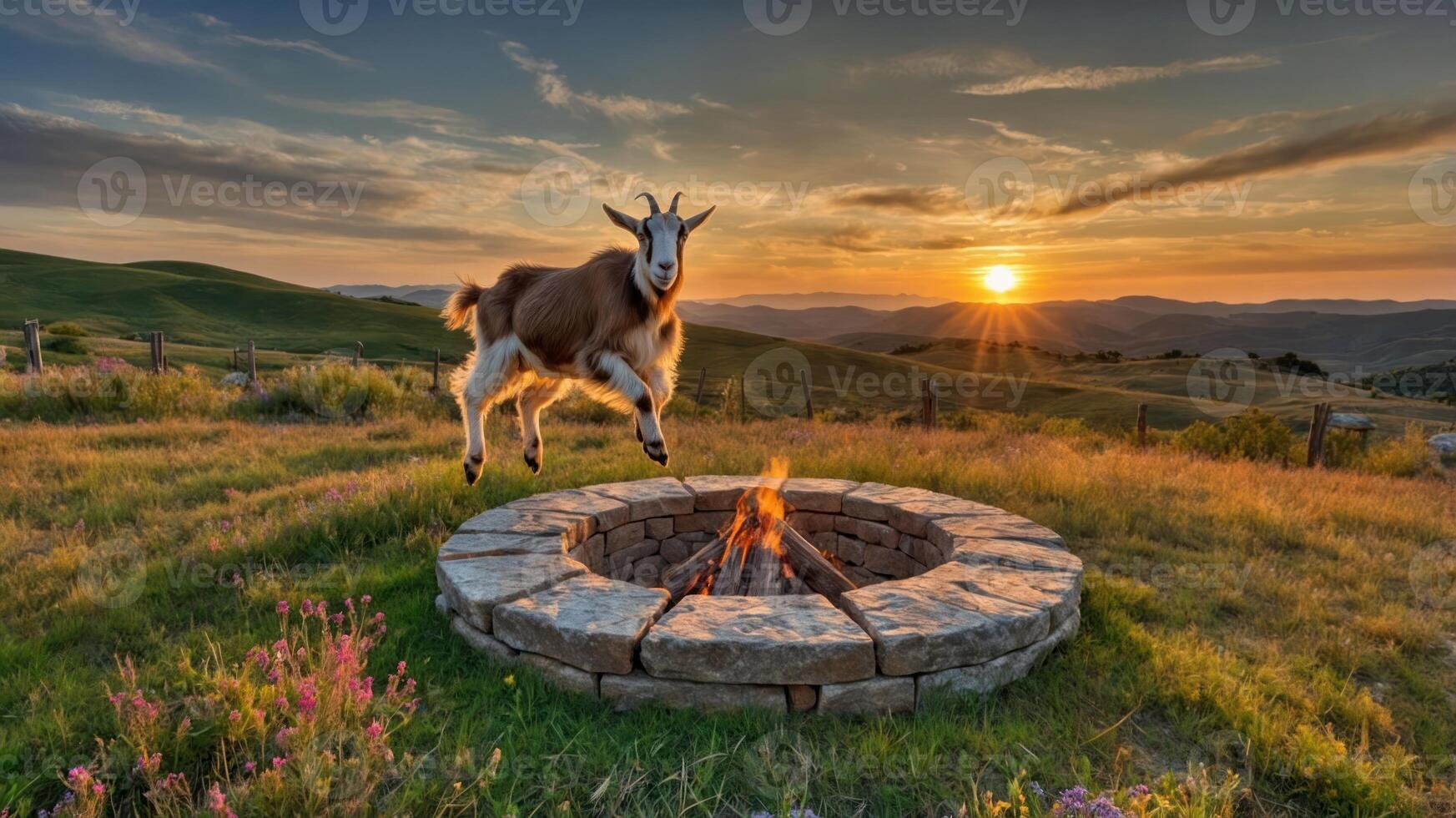 A goat leaps joyfully near a stone fire pit at sunset in a scenic landscape. photo