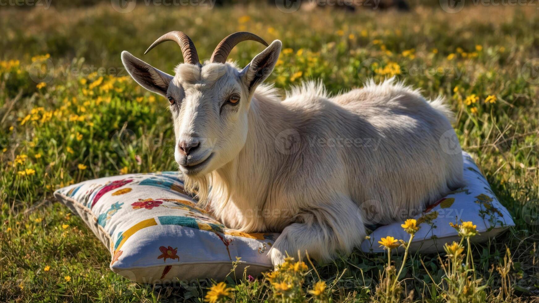 A goat lounging on a colorful pillow amidst a field of flowers. photo
