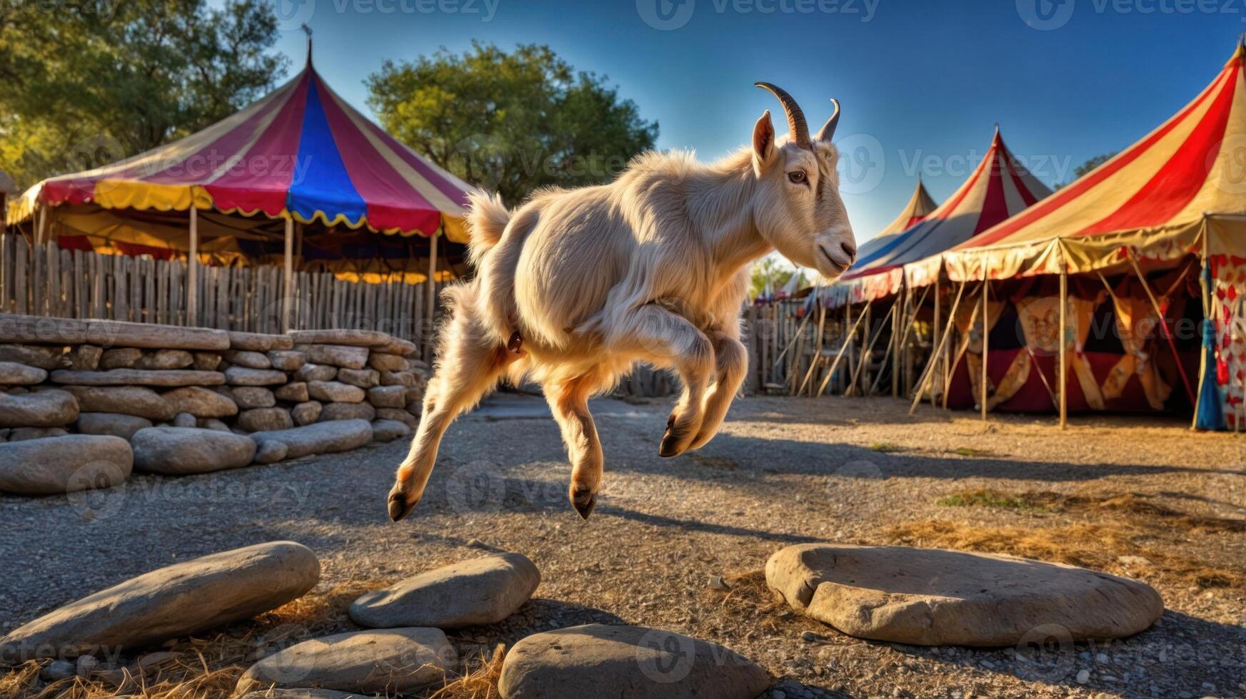 A goat leaps joyfully in front of colorful circus tents. photo