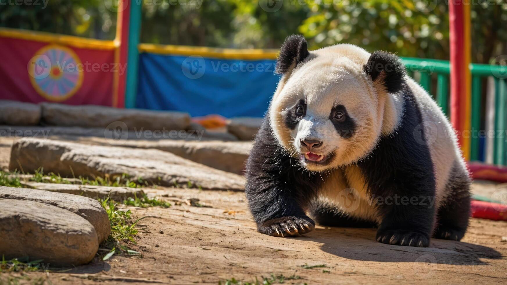 A playful panda walking in a sunny outdoor environment with colorful backgrounds. photo