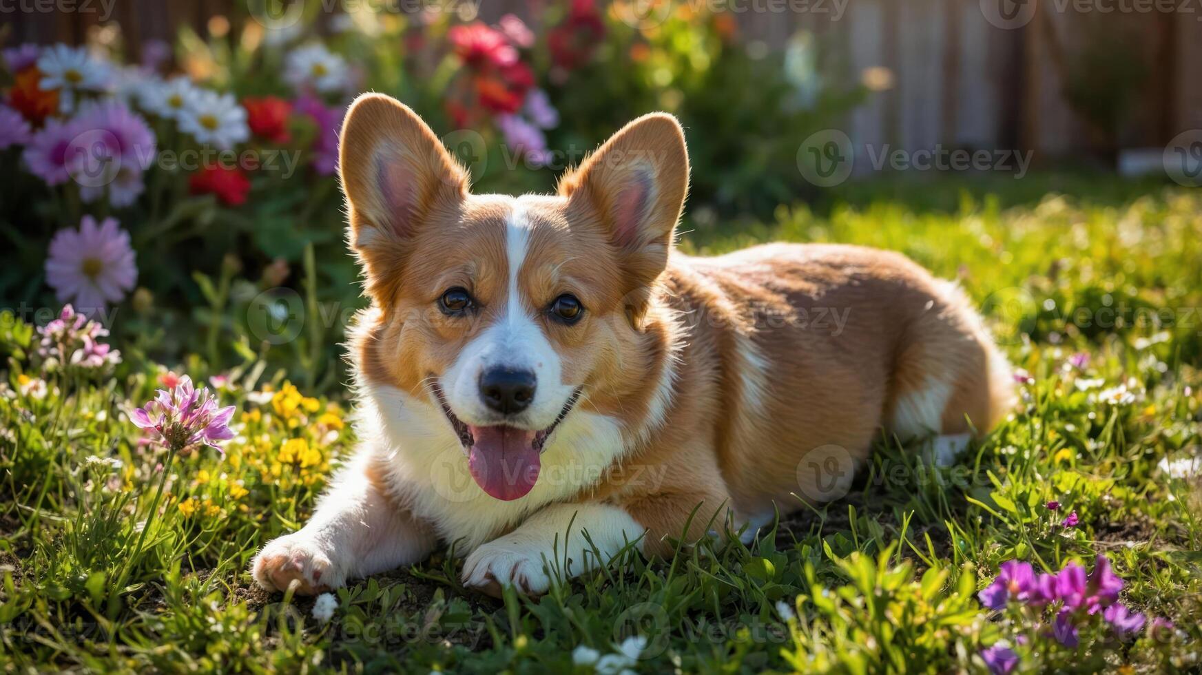 A cheerful corgi lounging among colorful flowers in a sunny garden. photo