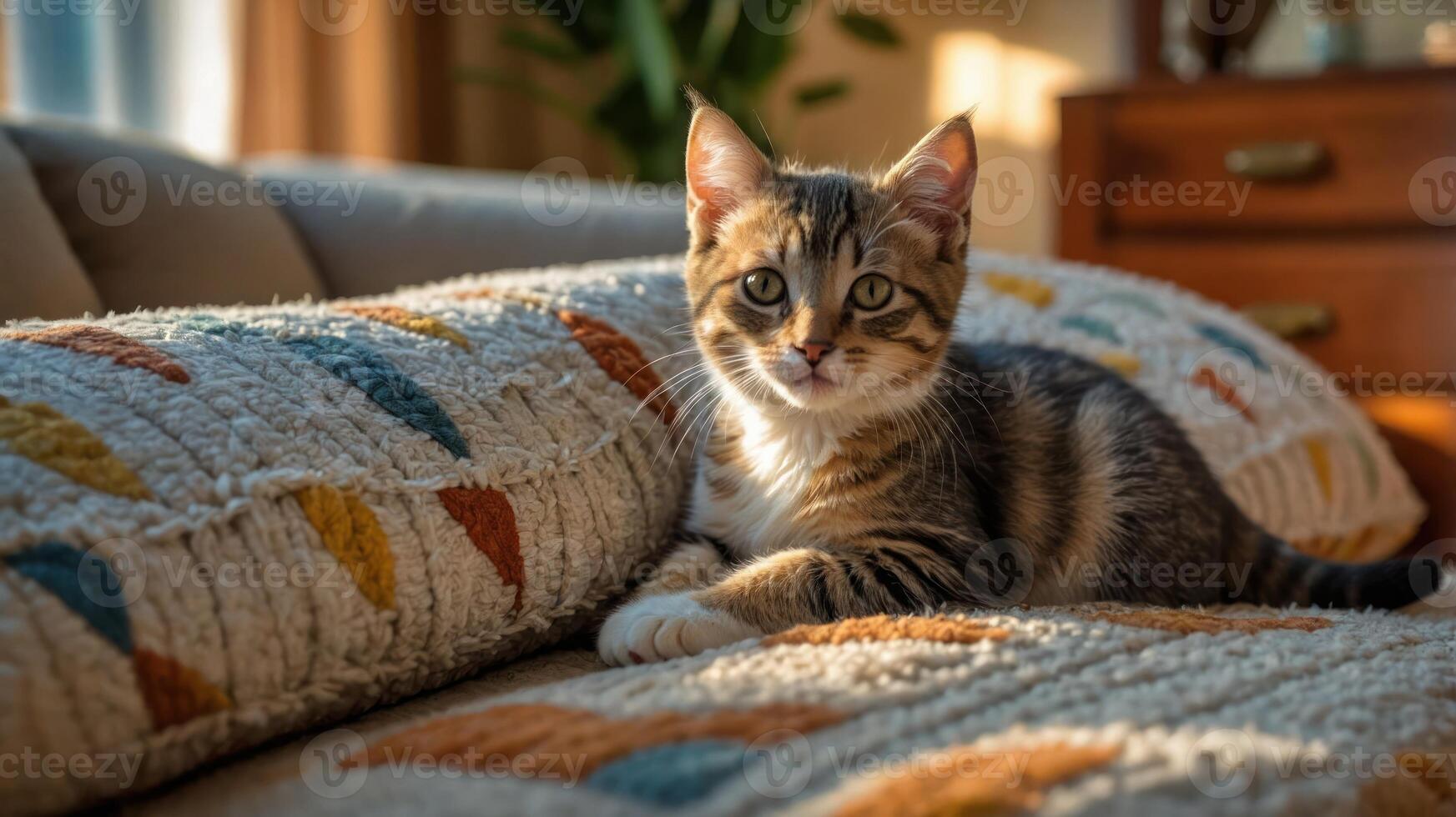 A playful kitten lounging on a colorful, textured blanket in warm sunlight. photo