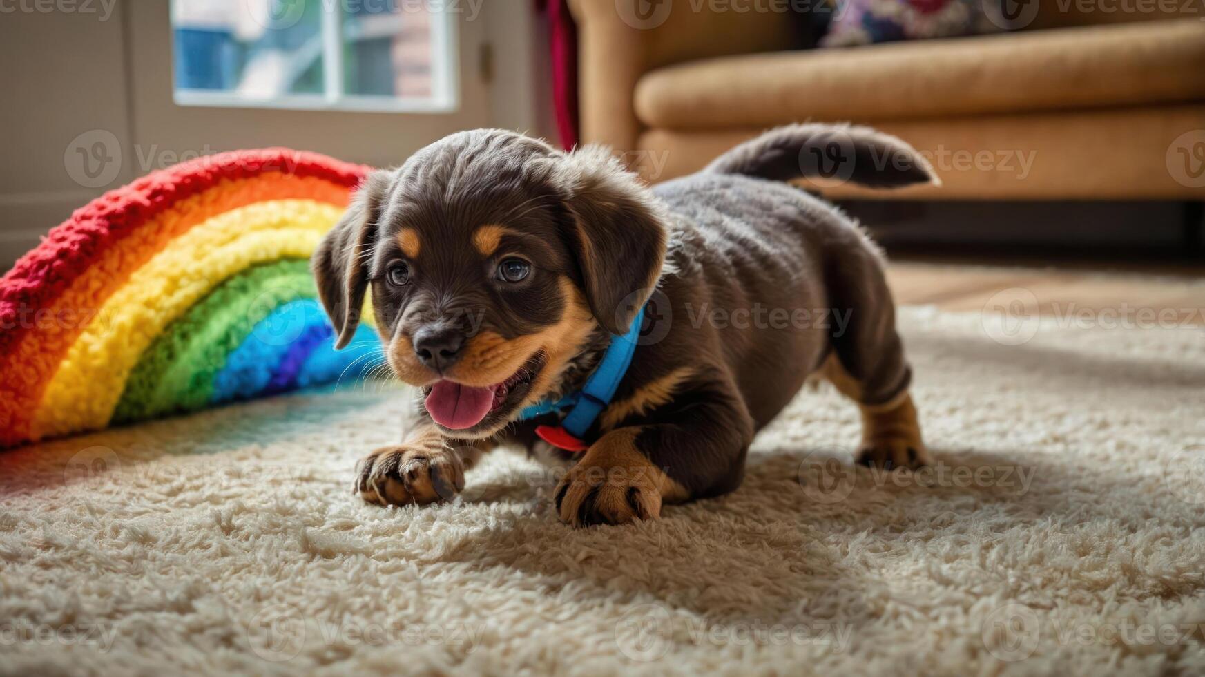 A playful puppy with a blue collar poses beside a colorful rainbow decoration indoors. photo