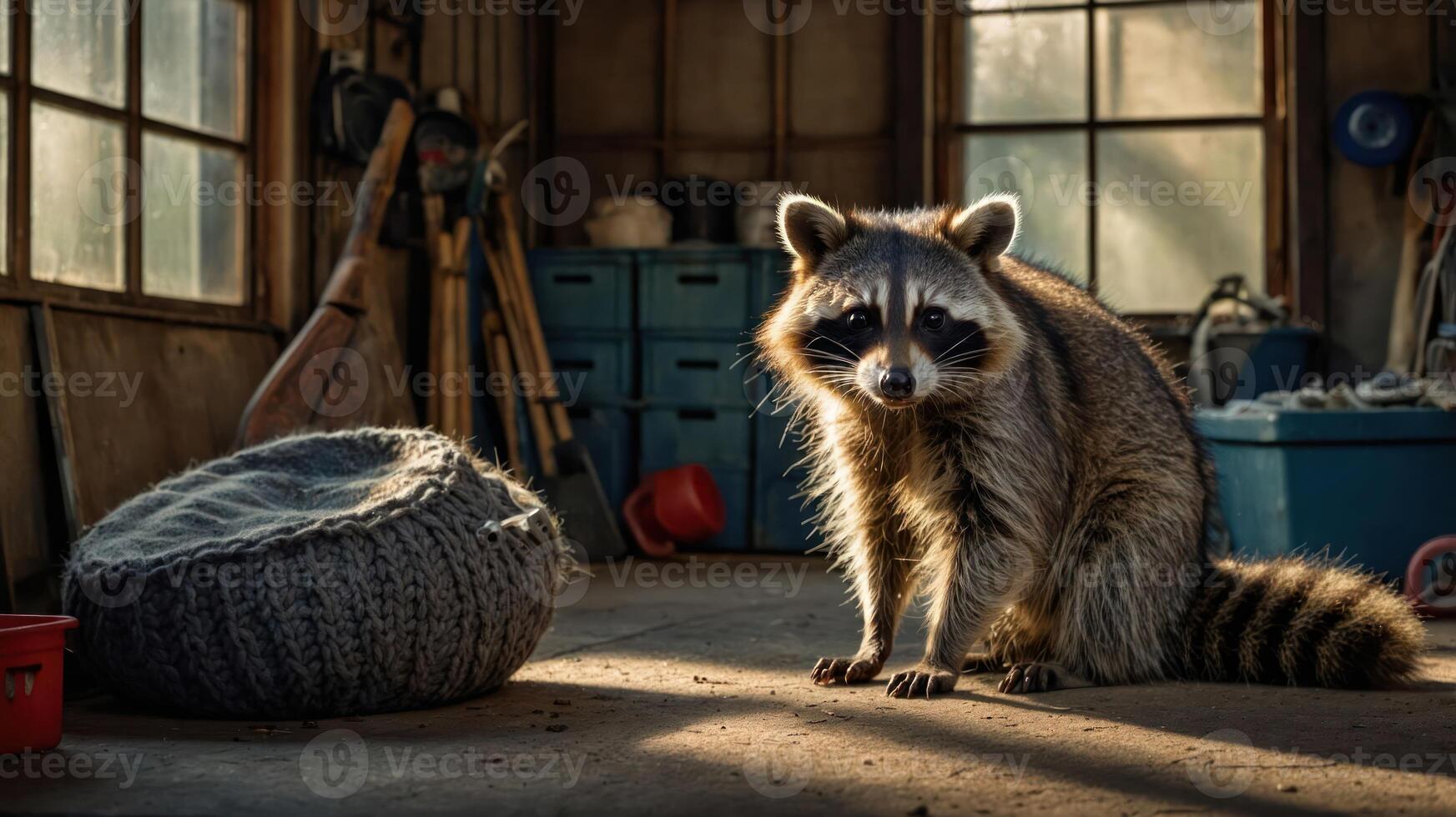 A raccoon sits in a sunlit garage, surrounded by tools and a cozy pet bed. photo