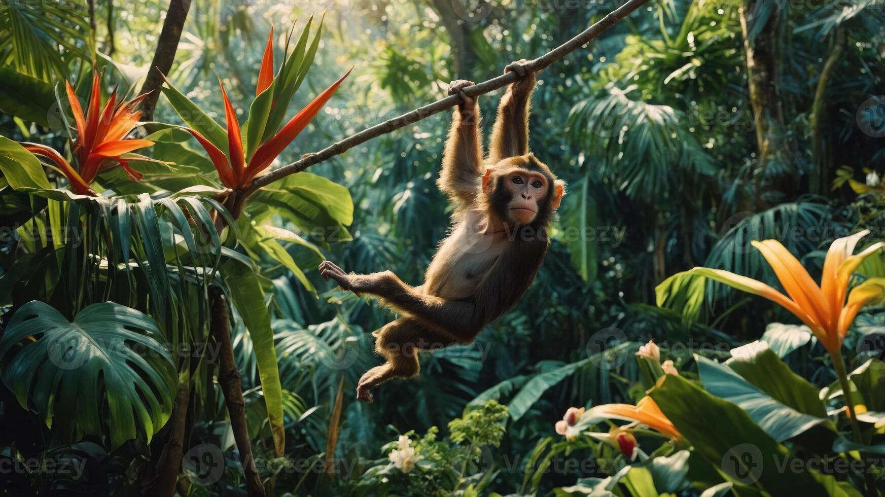 A playful monkey swings on a branch amidst lush tropical foliage and vibrant flowers. photo