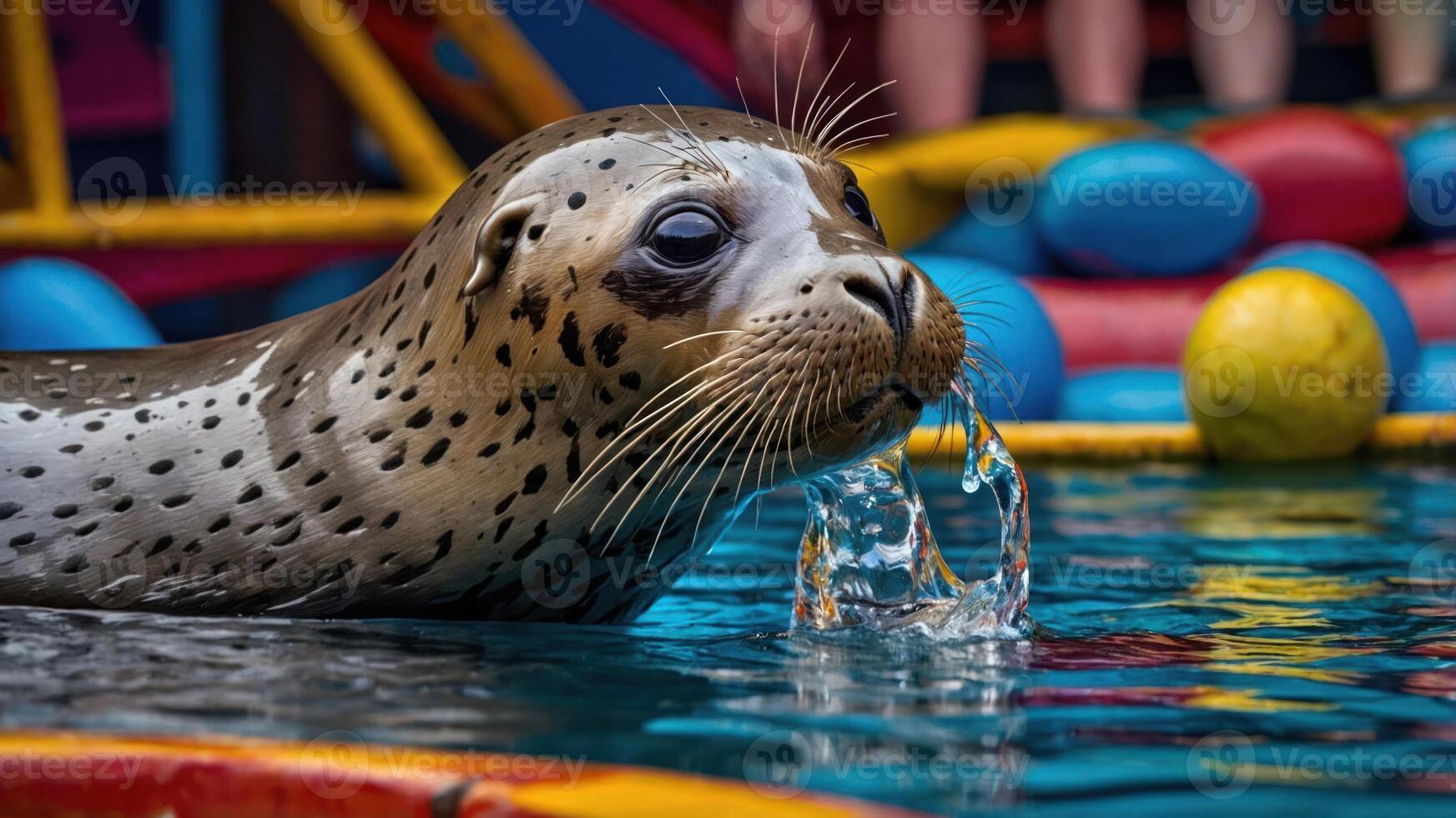 A seal swimming in a colorful pool, creating splashes of water. photo