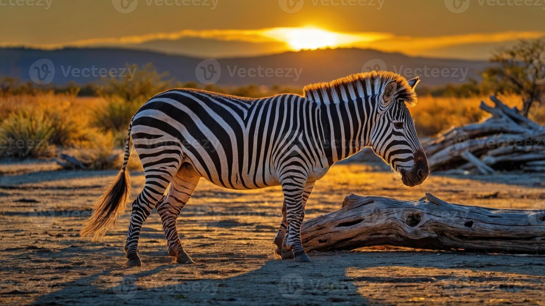 A zebra stands against a sunset backdrop, highlighting nature's beauty. photo