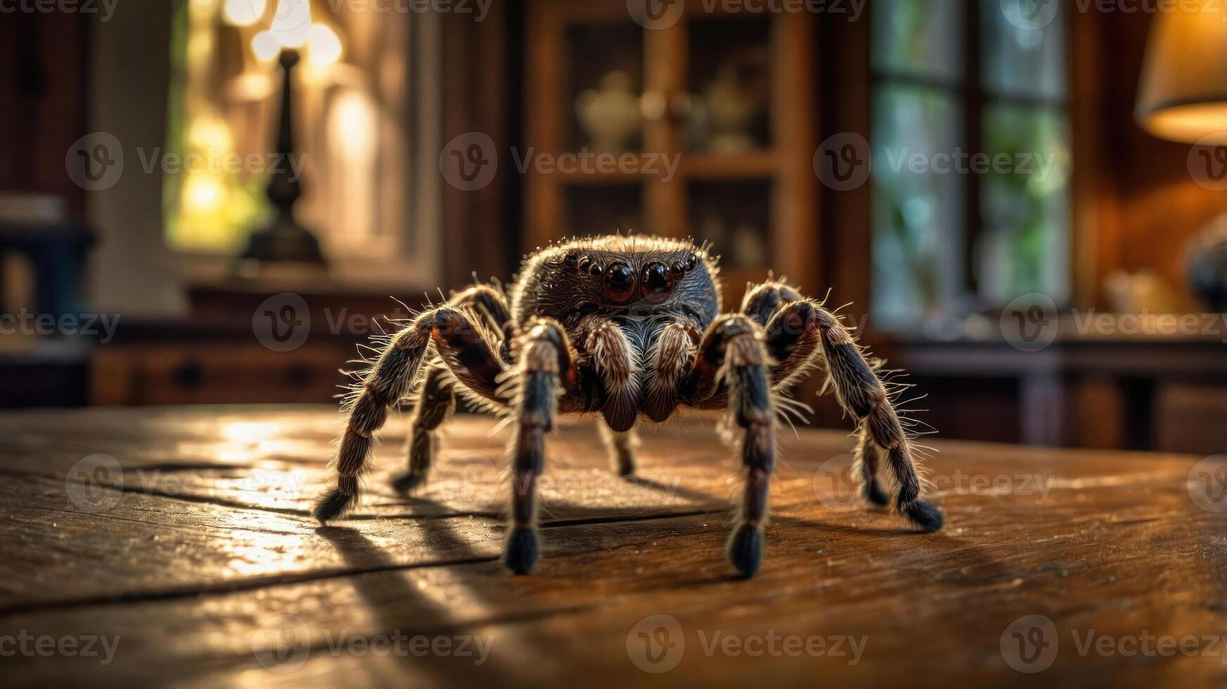 A close-up of a spider on a wooden table in a cozy indoor setting. photo