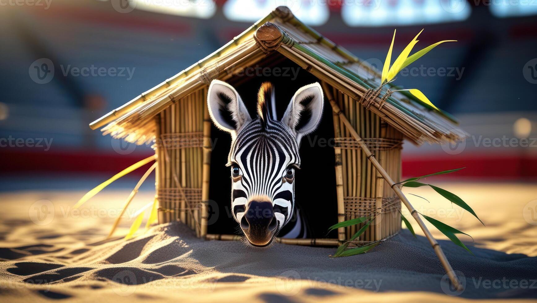 A zebra peeks out from a bamboo hut in a sandy environment. photo