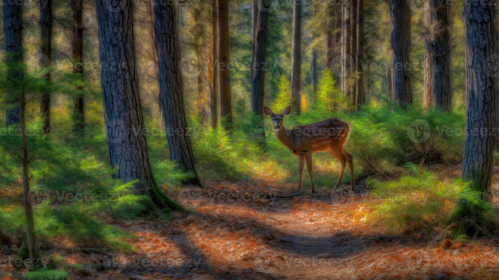 A serene forest scene featuring a deer amidst tall trees and lush greenery. photo