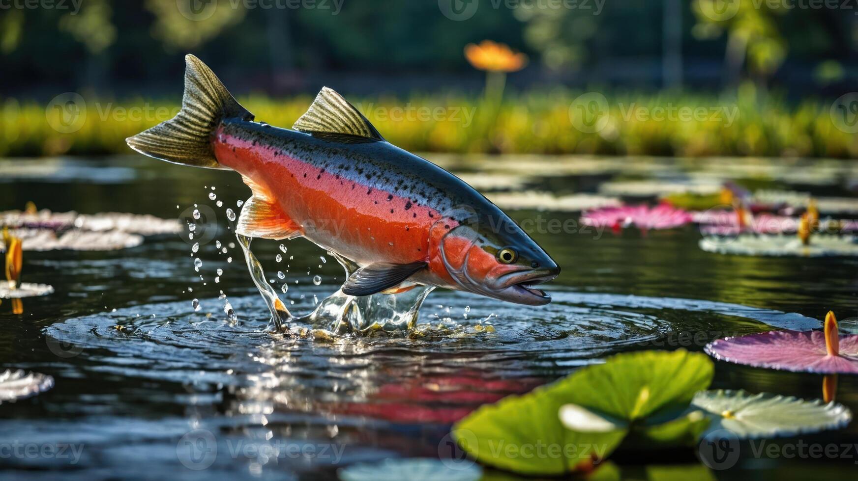 A salmon leaping from a serene pond surrounded by lily pads and vibrant flowers. photo