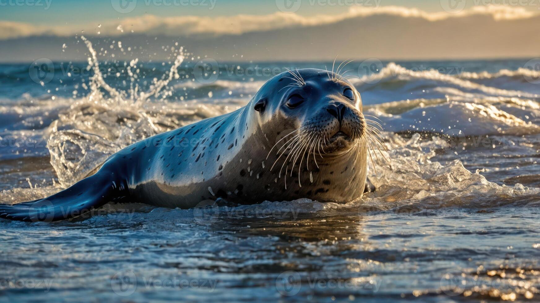 A seal emerges from the ocean waves, glistening in the sunlight on a sandy beach. photo