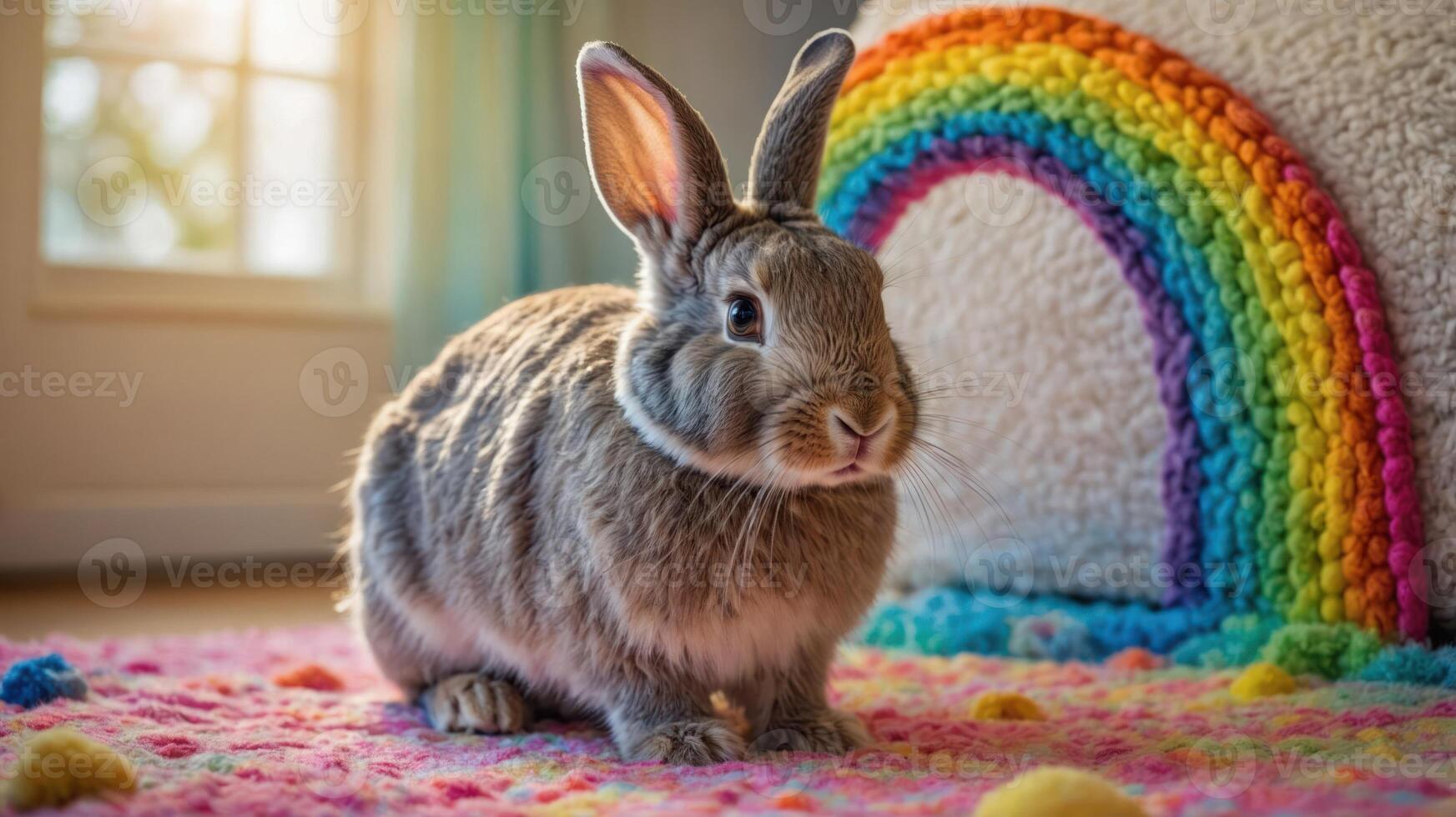 A cute rabbit sitting on a colorful rug with a rainbow backdrop. photo