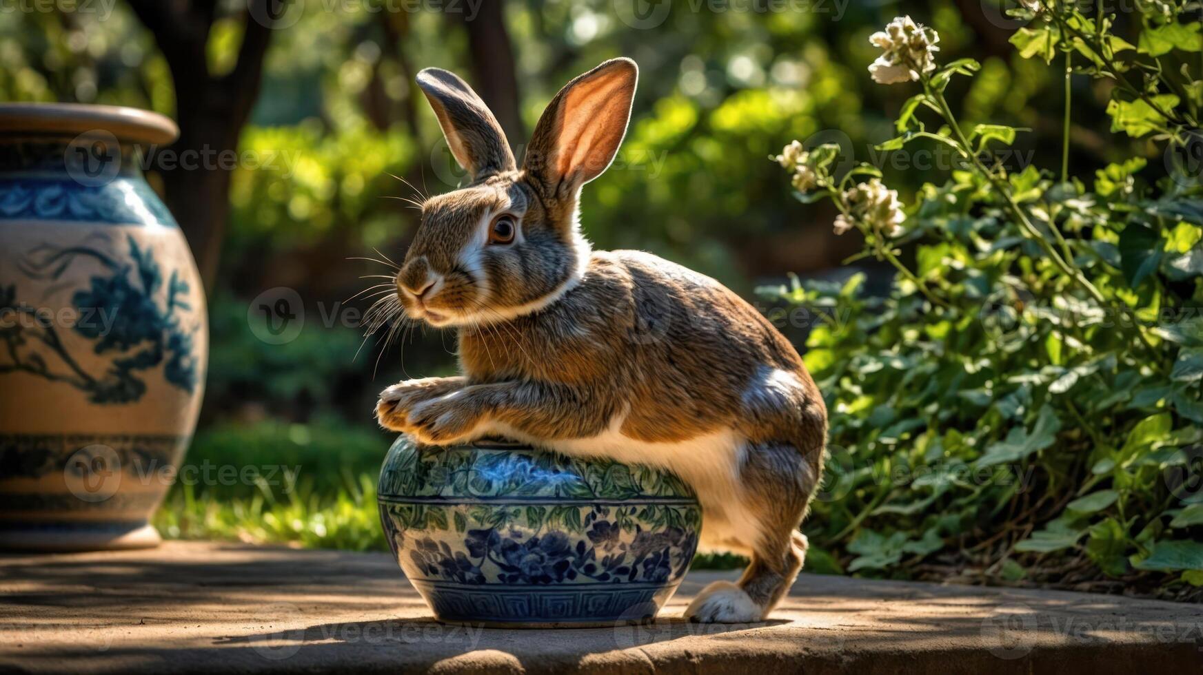 A rabbit perched on a decorative bowl in a lush garden setting. photo