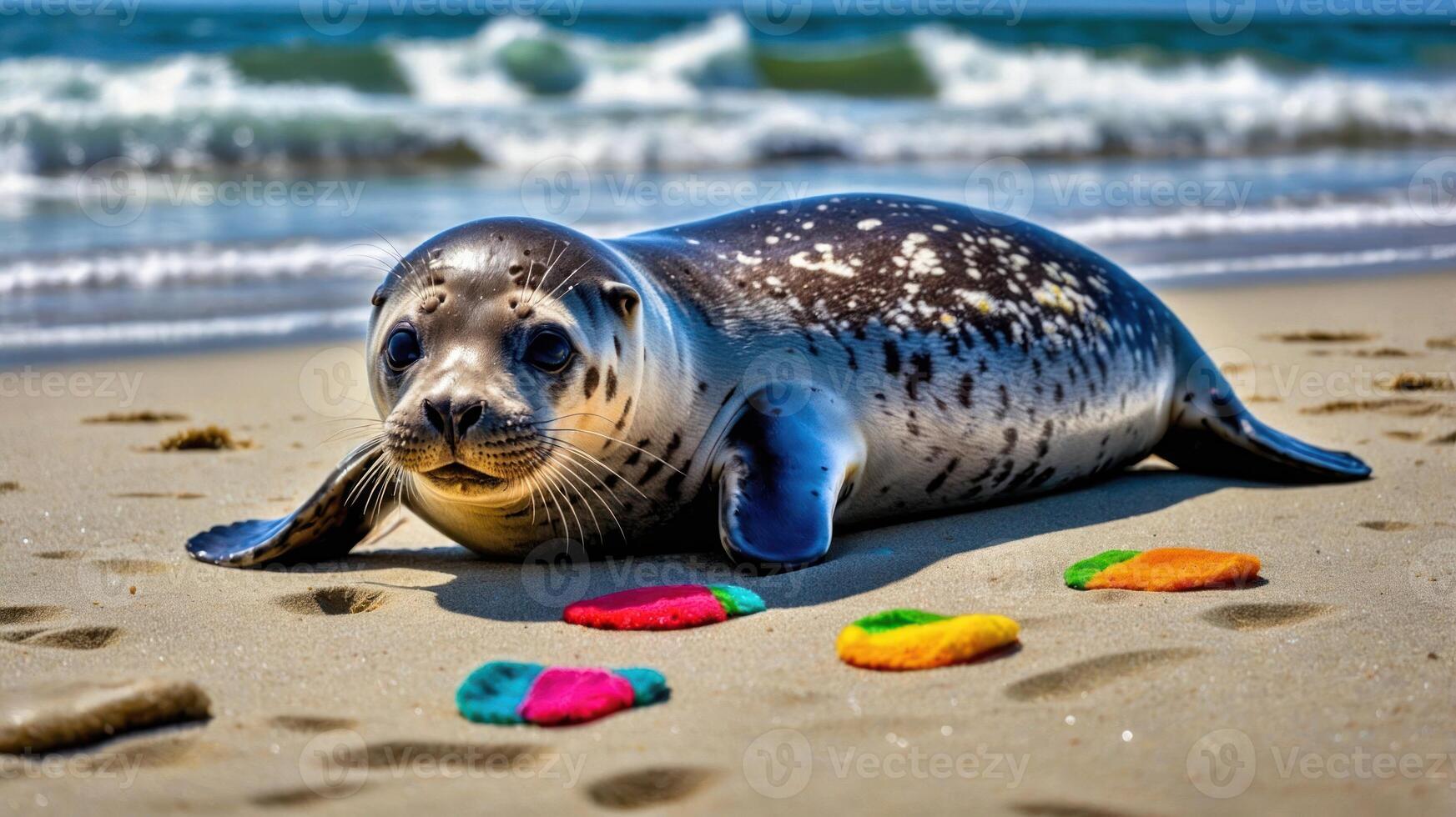 A seal resting on the beach near colorful objects, with waves in the background. photo