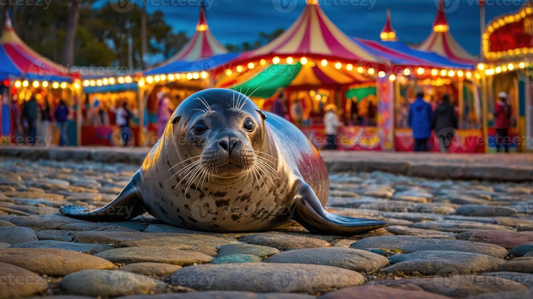 A seal lounging on cobblestones in front of a colorful carnival setting. photo