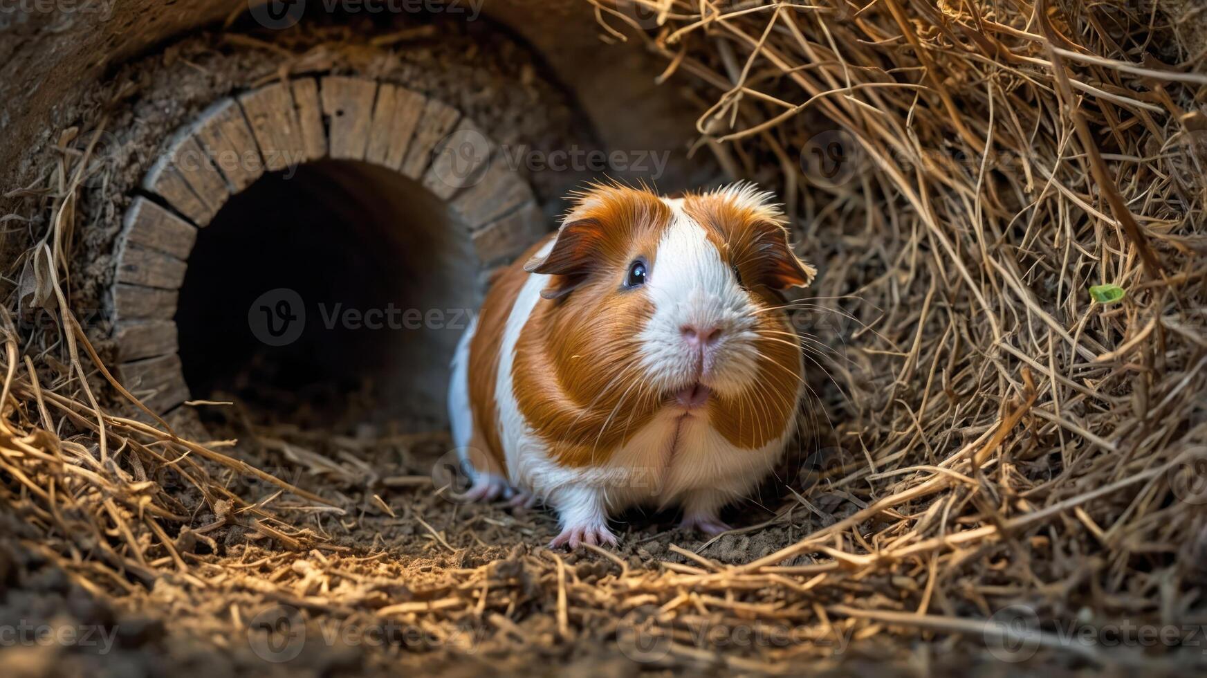 A guinea pig peeks out from its cozy burrow surrounded by straw. photo